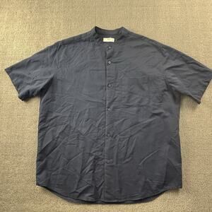 Uniqlo Shirt Adult Extra Large Blue Button Up Linen Short Sleeve Band Collar Men
